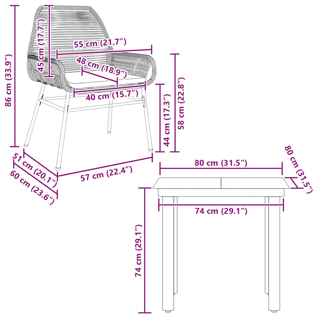 Set da Pranzo da Giardino 3 pz con Cuscini Polyrattan Vetro | homemem39