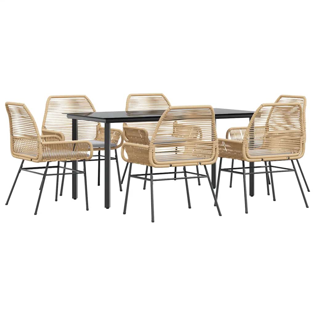 Set Pranzo da Giardino 7pz con Cuscini Marrone Polyrattan Vetro