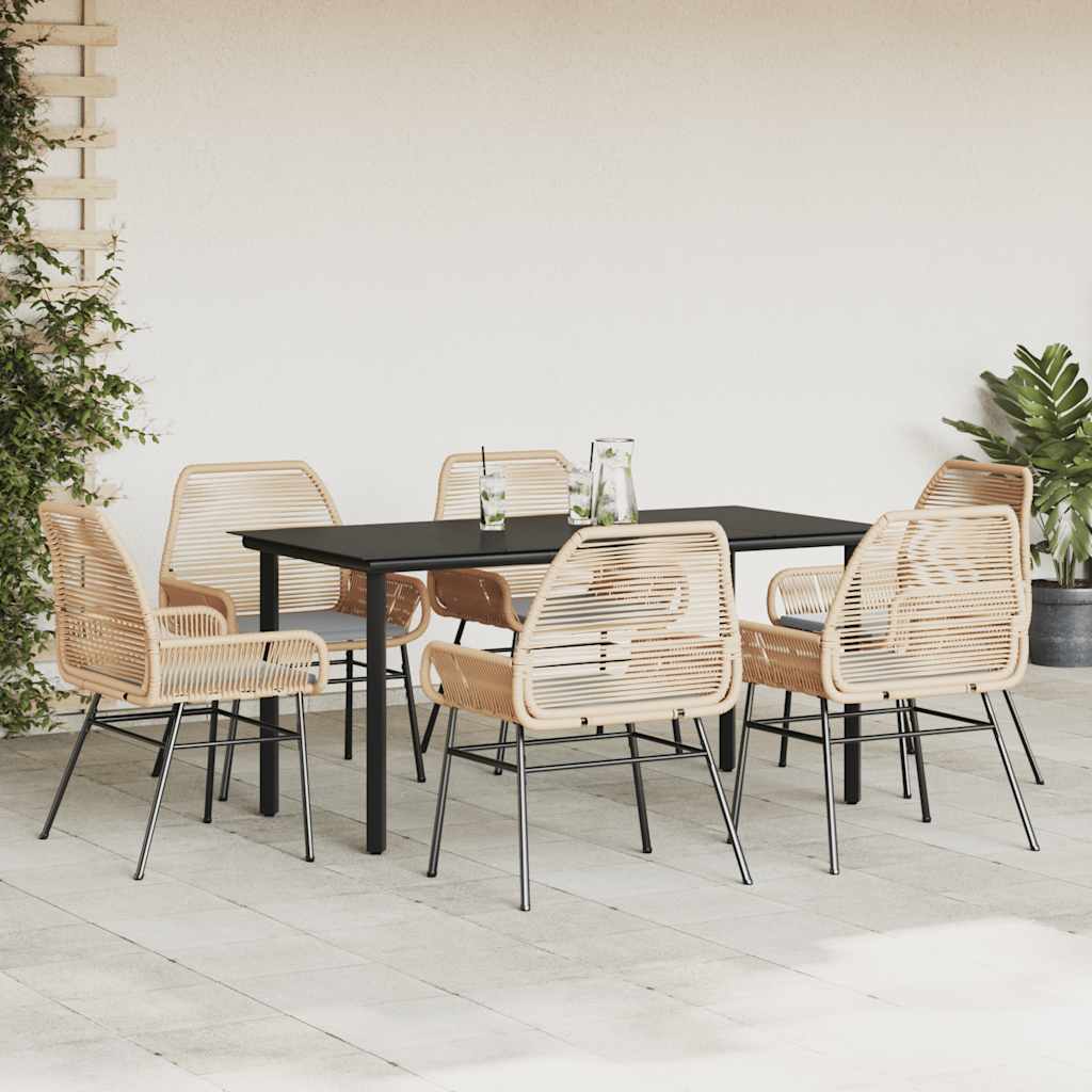 Set Pranzo da Giardino 7pz con Cuscini Marrone Polyrattan Vetro