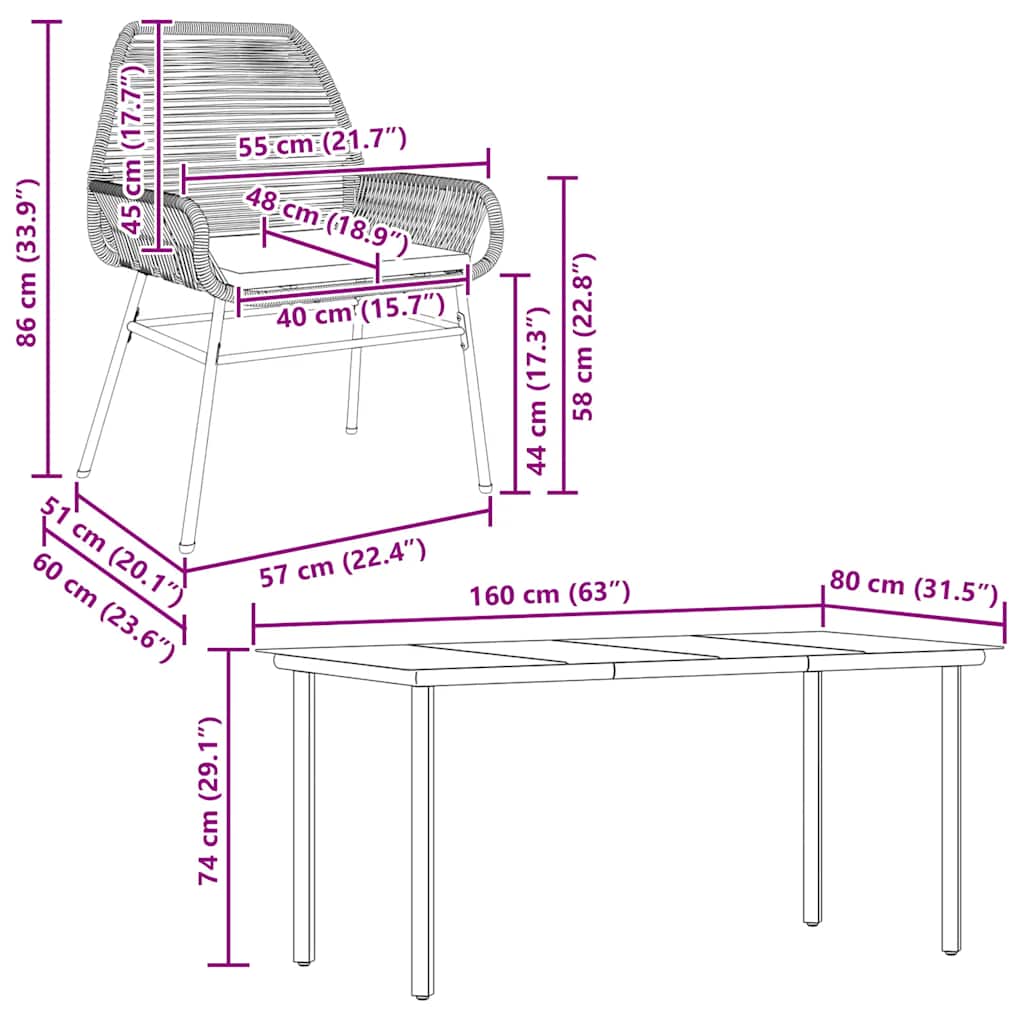 Set Pranzo da Giardino 7pz con Cuscini Marrone Polyrattan Vetro