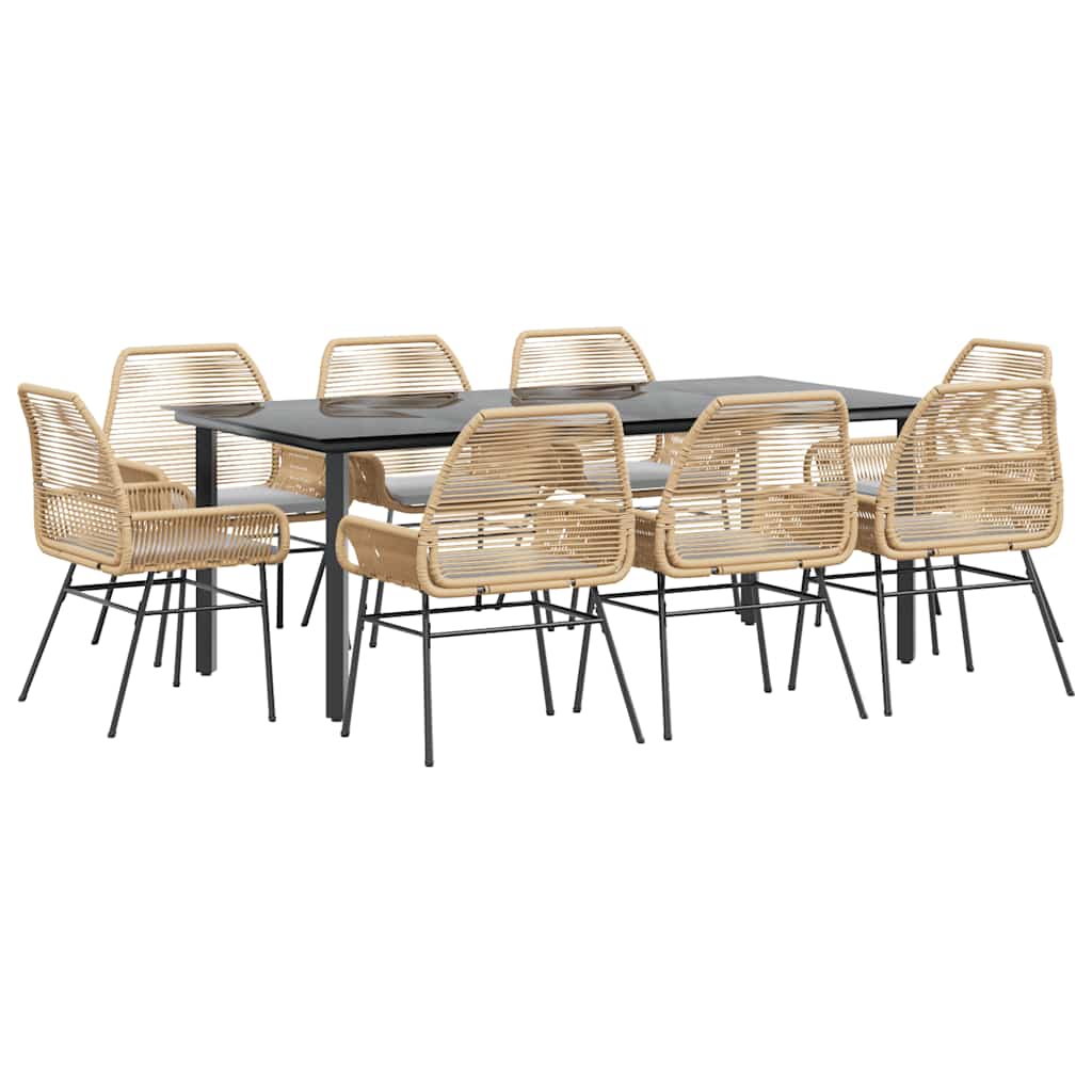 Set da Pranzo da Giardino 9 pz con Cuscini Polyrattan Vetro