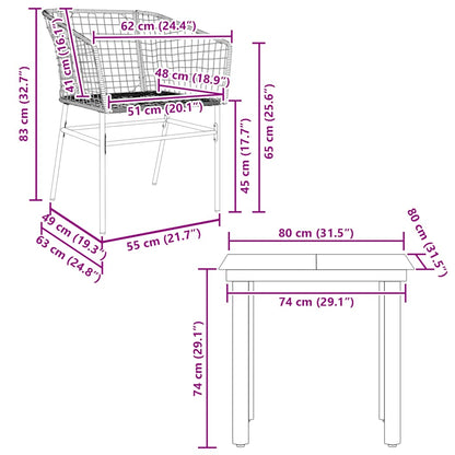 Set da Pranzo da Giardino 3 pz Marrone in Polyrattan Vetro