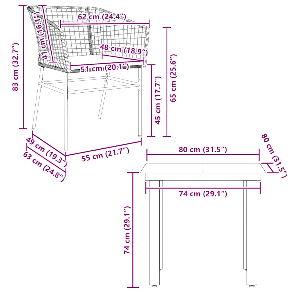 Set da Pranzo da Giardino 3 pz con Cuscini Polyrattan Vetro | homemem39