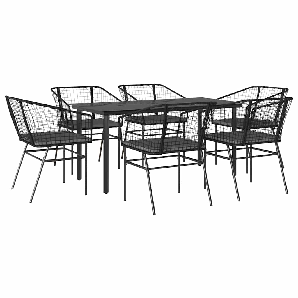 Set Pranzo da Giardino 7 pz Nero con Cuscini Polyrattan Vetro | homemem39