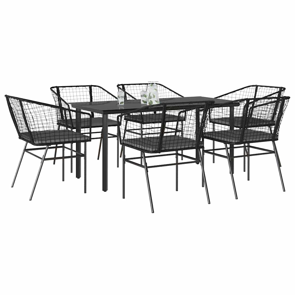 Set Pranzo da Giardino 7 pz Nero con Cuscini Polyrattan Vetro | homemem39