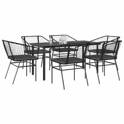 Set Pranzo da Giardino 7 pz Nero con Cuscini Polyrattan Vetro | homemem39