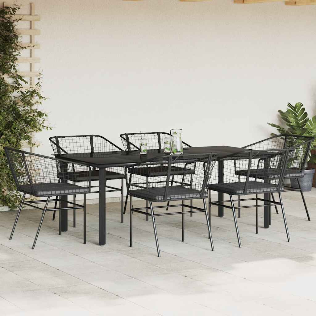 Set Pranzo da Giardino 7 pz Nero con Cuscini Polyrattan Vetro | homemem39