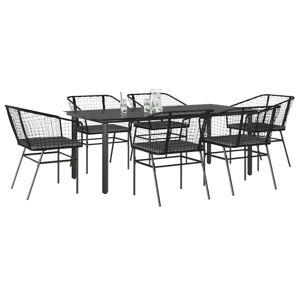 Set Pranzo da Giardino 7 pz Nero con Cuscini Polyrattan Vetro | homemem39