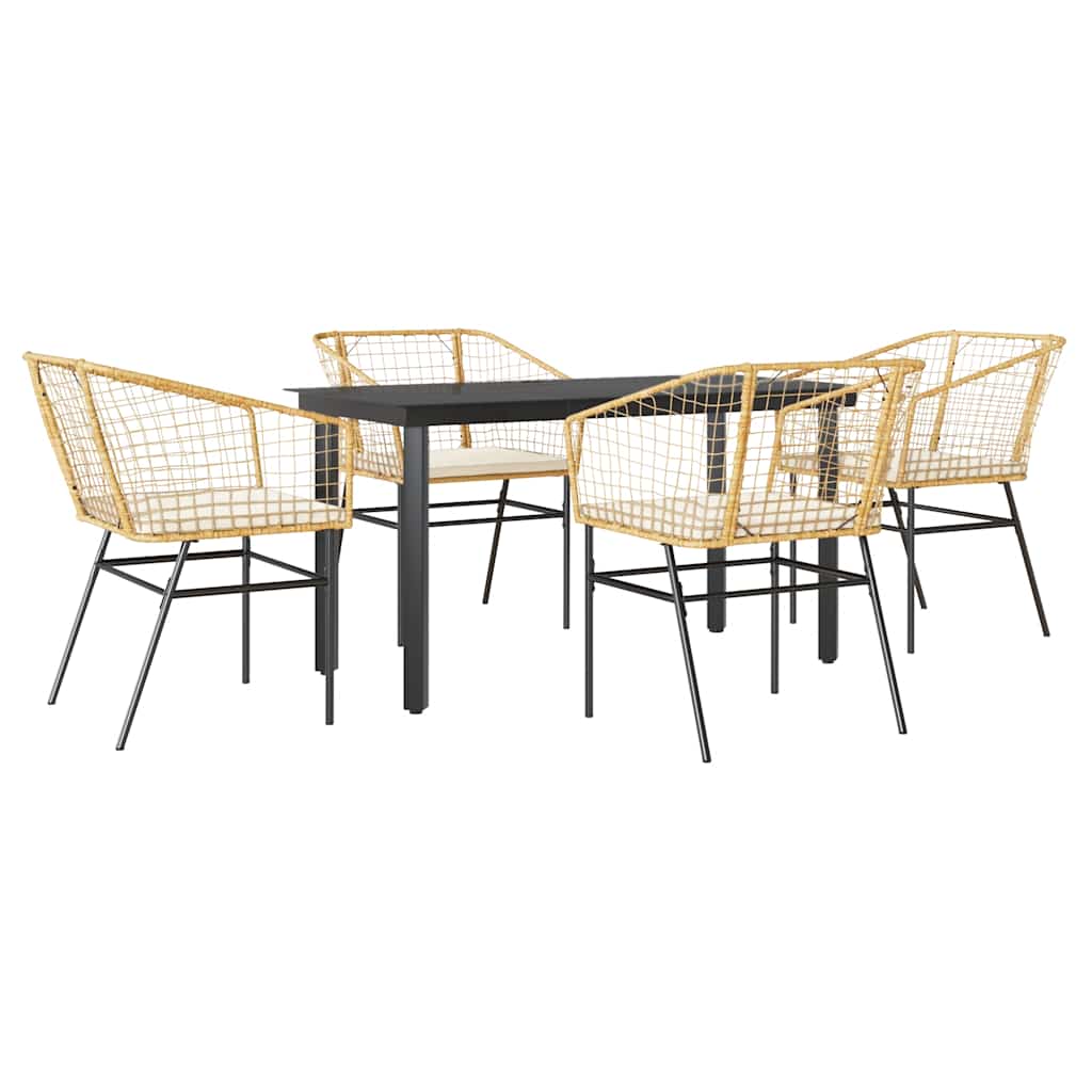 Set da Pranzo da Giardino 5pz con Cuscini Polyrattan Vetro