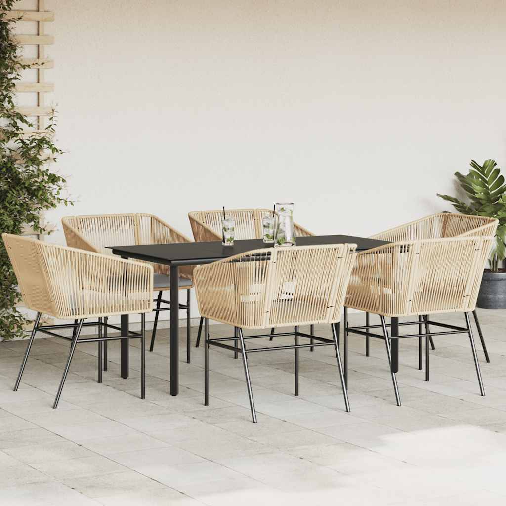 Set Pranzo da Giardino 7pz con Cuscini Marrone Polyrattan Vetro