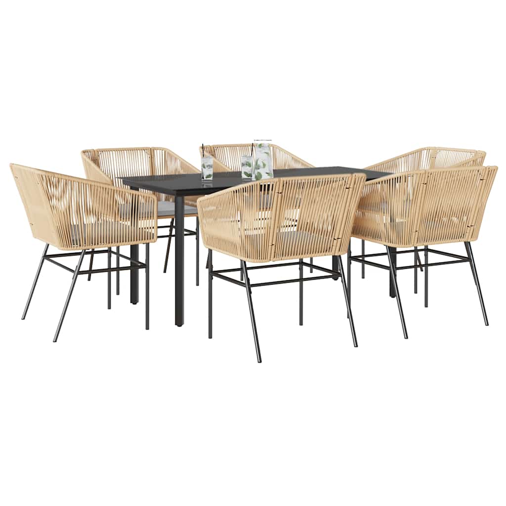 Set Pranzo da Giardino 7pz con Cuscini Marrone Polyrattan Vetro