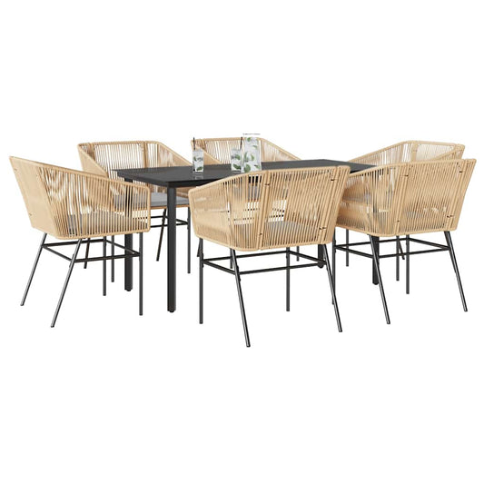 Set Pranzo da Giardino 7pz con Cuscini Marrone Polyrattan Vetro