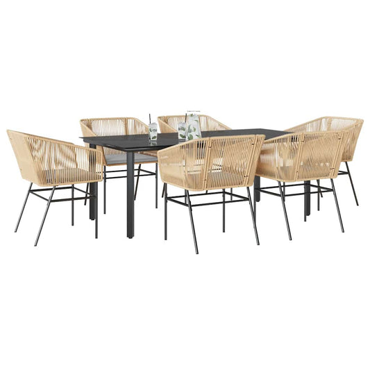 Set Pranzo da Giardino 7pz con Cuscini Marrone Polyrattan Vetro