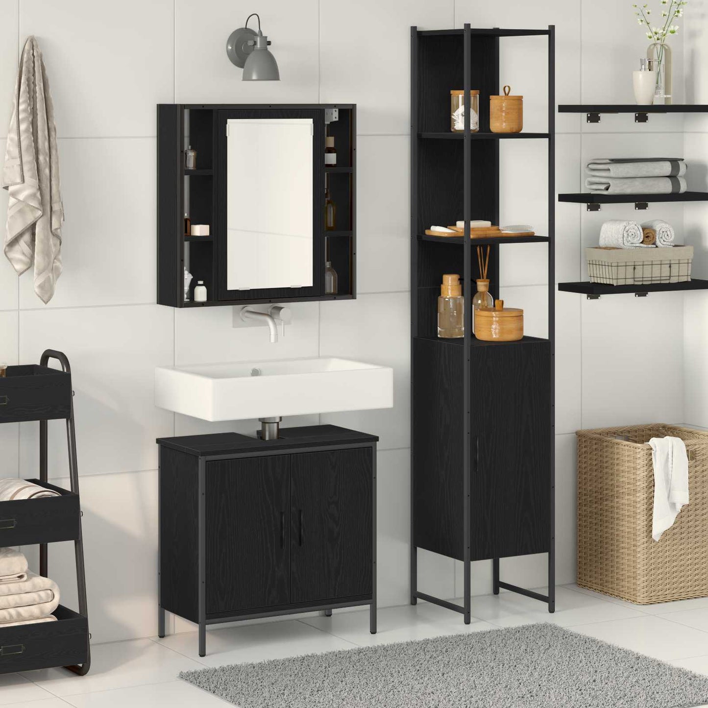 Unità da Bagno con lo scaffale 3 pcs Nero Legno multistrato | homemem39