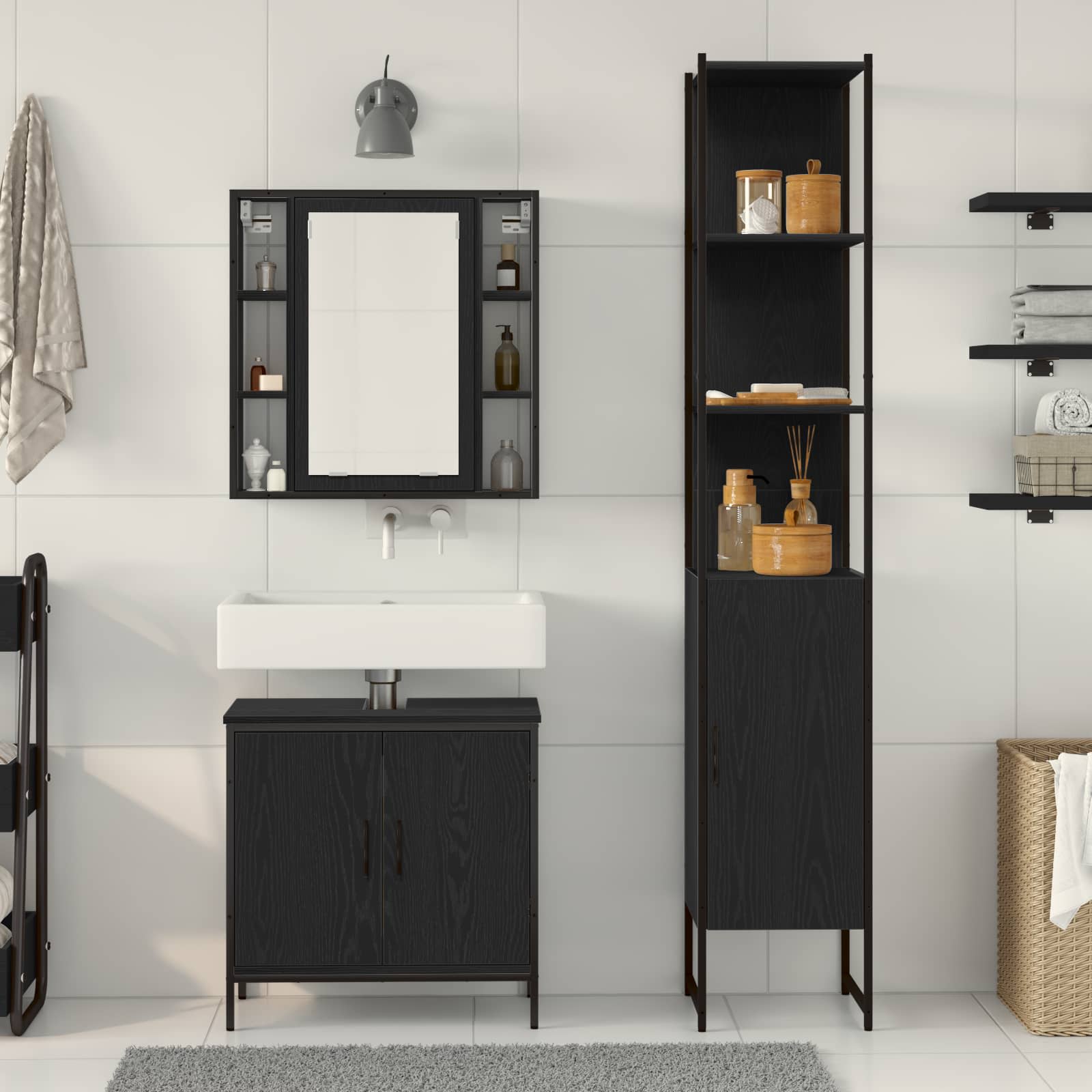 Unità da Bagno con lo scaffale 3 pcs Nero Legno multistrato | homemem39