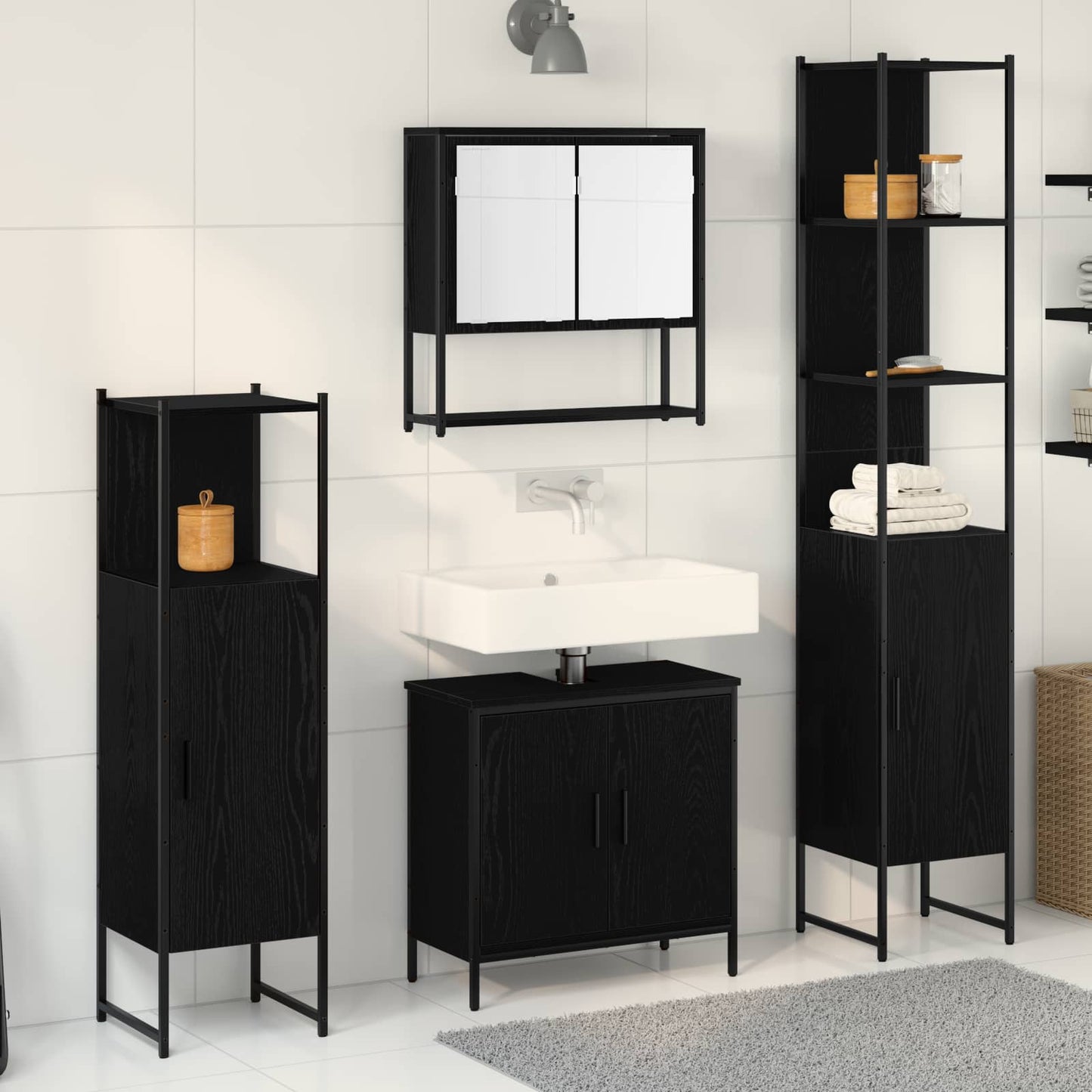 Set di mobili per il bagno 4 pcs Nero Legno multistrato | homemem39