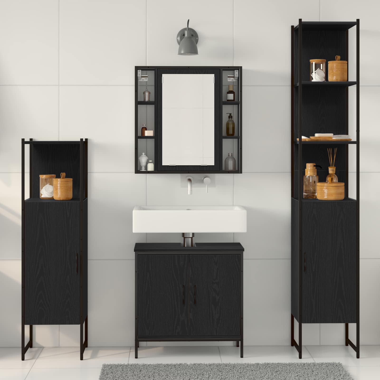 Set di mobili per il bagno 4 pcs Nero Legno multistrato | homemem39