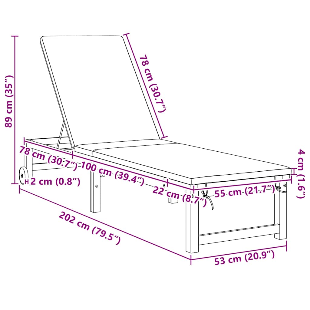 Lettino da sole con cuscino 1-persona Marrone 53 x 202 x 89cm
