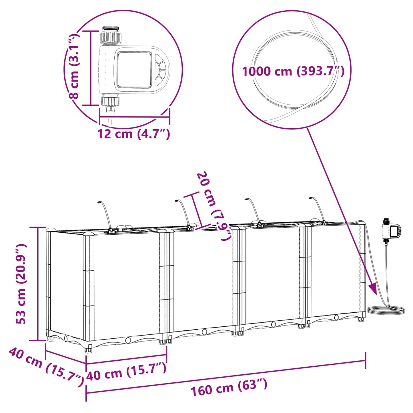 Vaso da giardino 4 pcs Nero 160 x 40 x 53 cm Acciaio