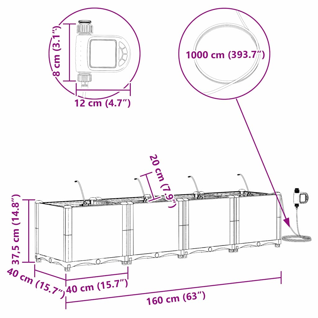Vasi da giardino Grigio 160 x 40 x 37.5 cm Acciaio