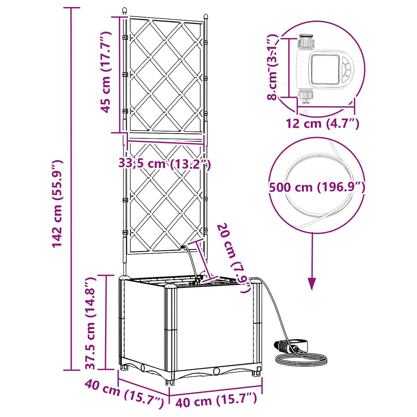 Vaso da giardino Grigio 40 x 40 x 142 cm Acciaio