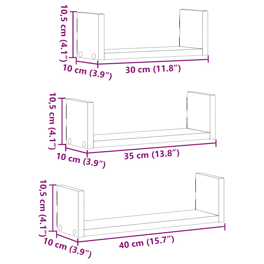 Mensole Parete 3pz Rovere Nero in Legno Multistrato | homemem39