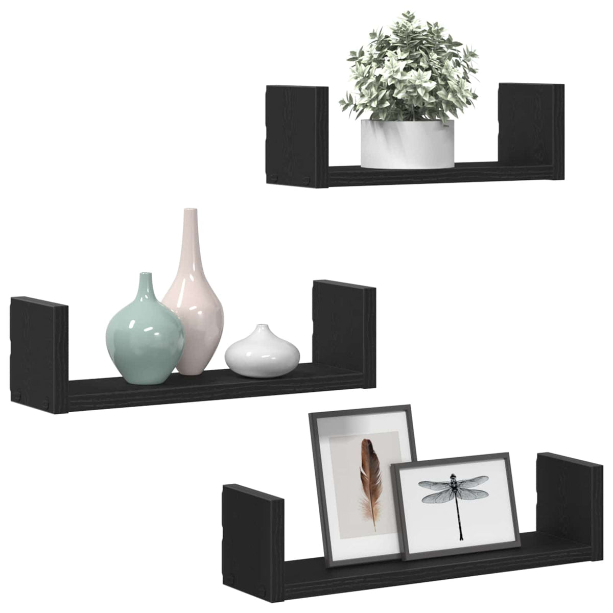 Mensole Parete 3pz Rovere Nero in Legno Multistrato