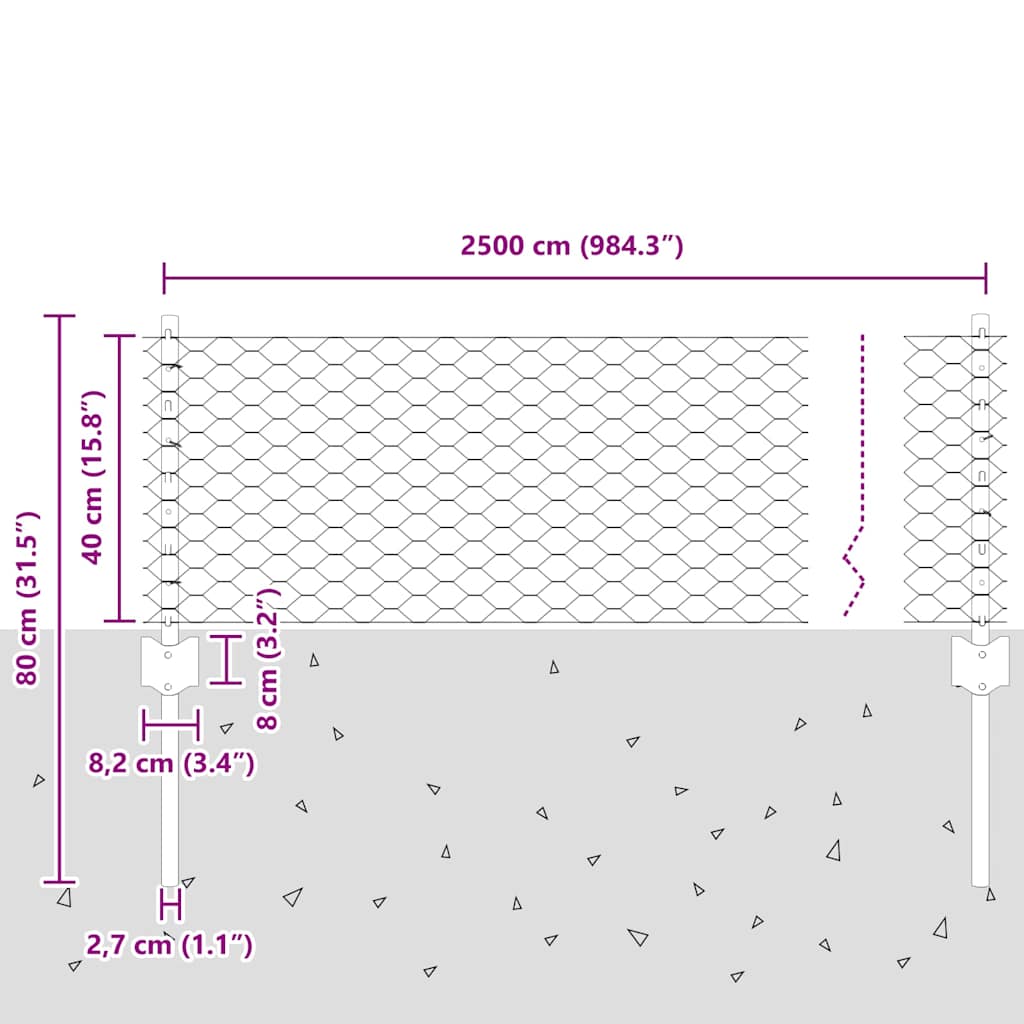 Recinzione con pali. Argento 0.4 x 25 m Acciaio