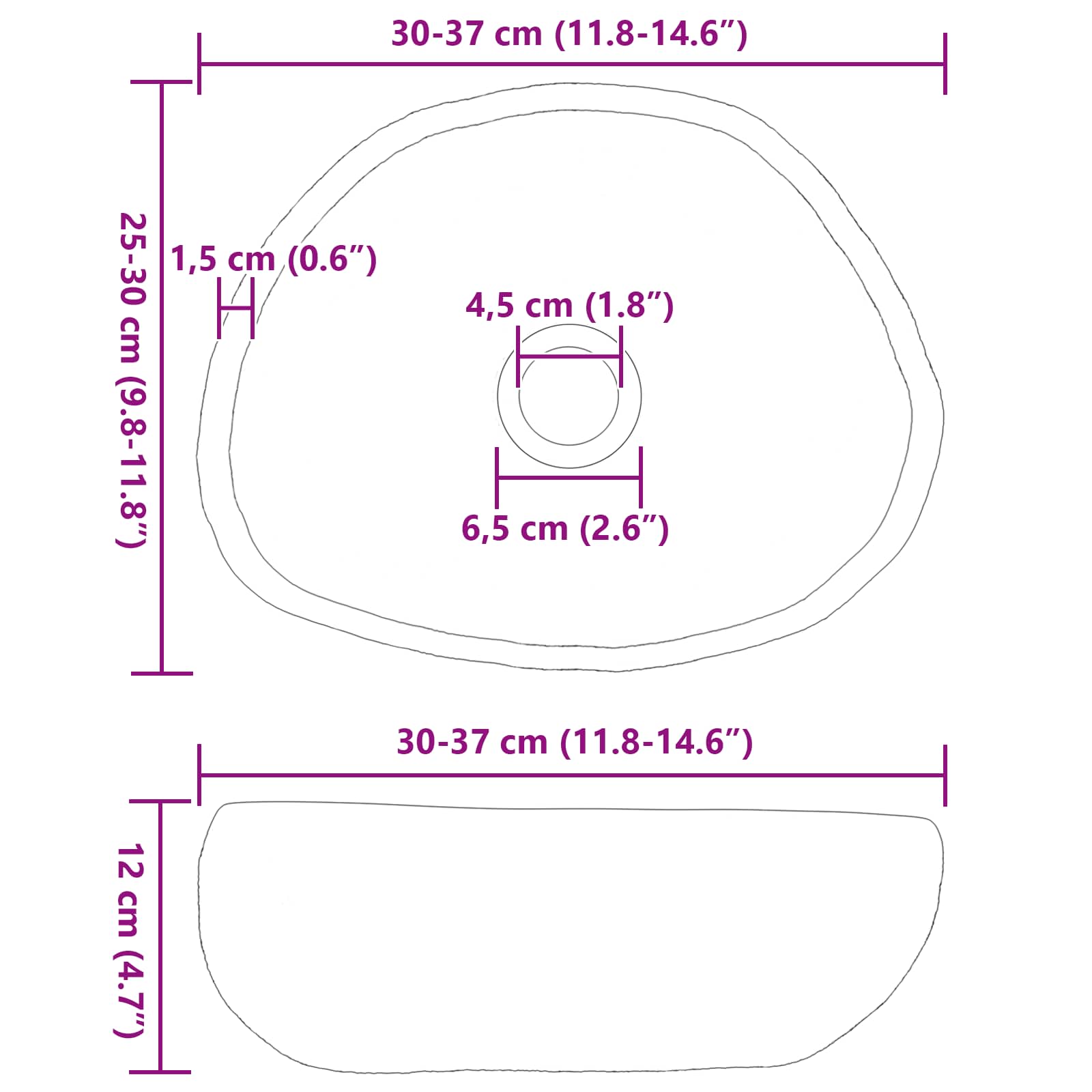 Basin in pietra fluviale (30-37) x (25-30) x 12 cm Pietra fiume | homemem39
