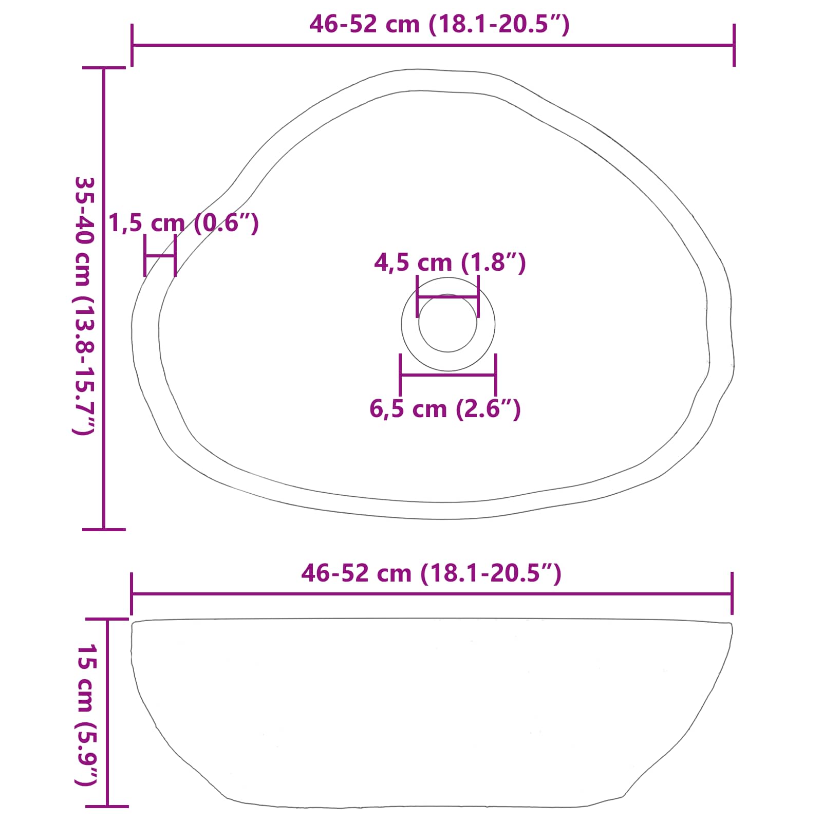 Basin in pietra fluviale Grigio chiaro 52 x 40 x 15 cm | homemem39