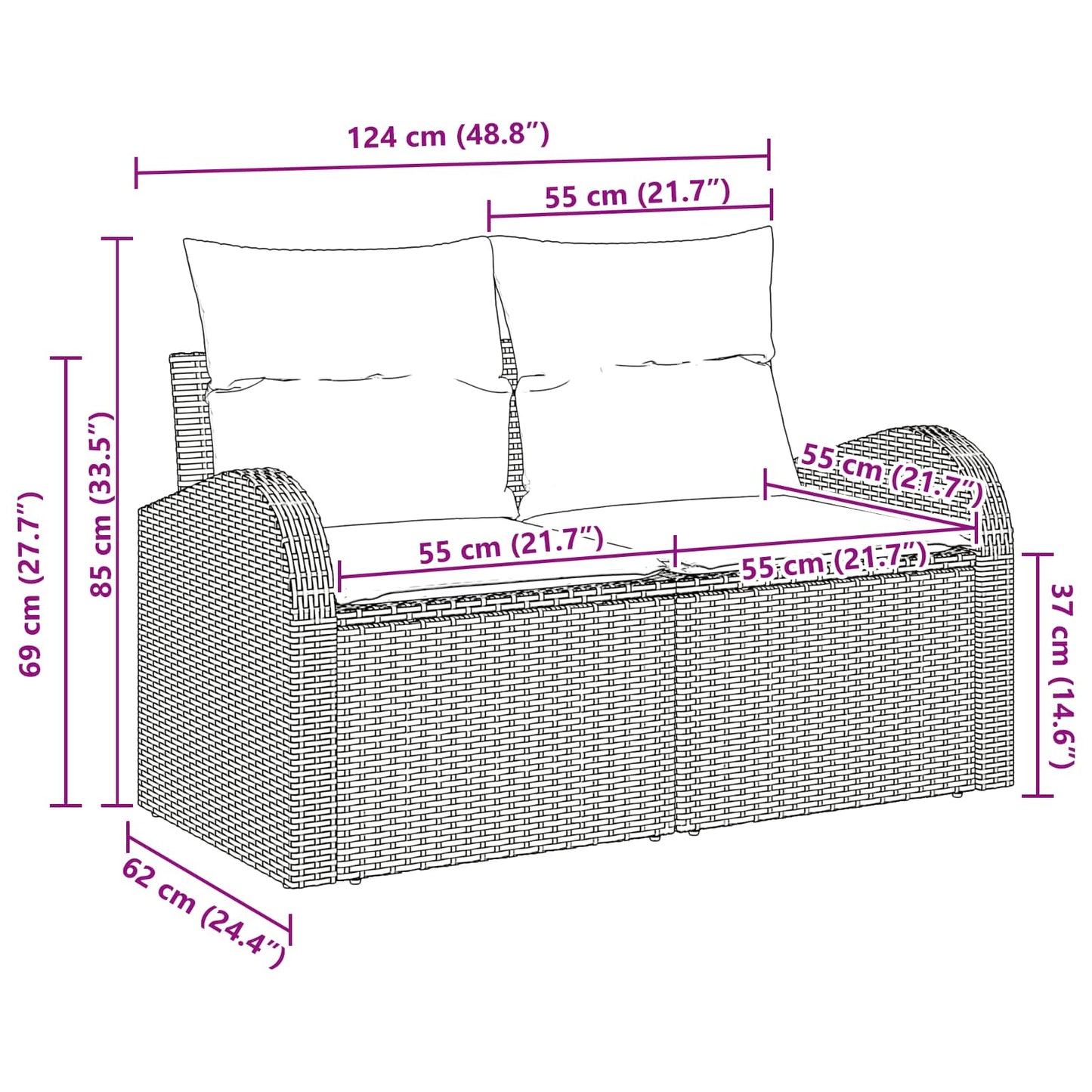 Divano da giardino Nero 124 x 62 x 85cm polyrattan