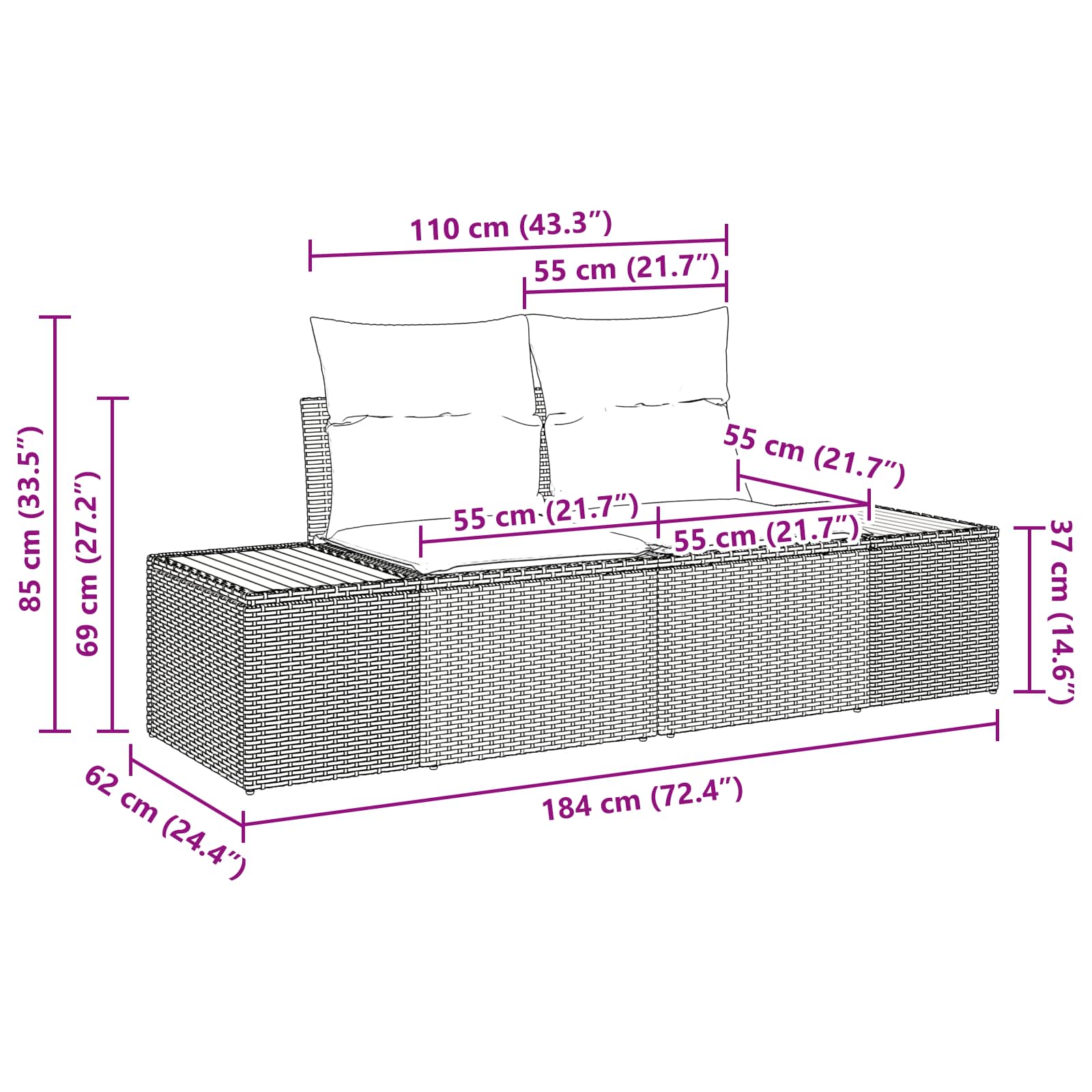 Divano da giardino Grigio 184 x 62 x 85cm polyrattan | homemem39