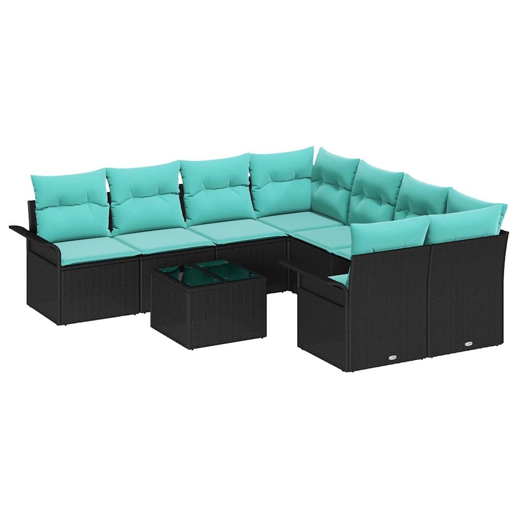 Set Divano da Giardino con cuscino 9 pcs Nero polyrattan | homemem39