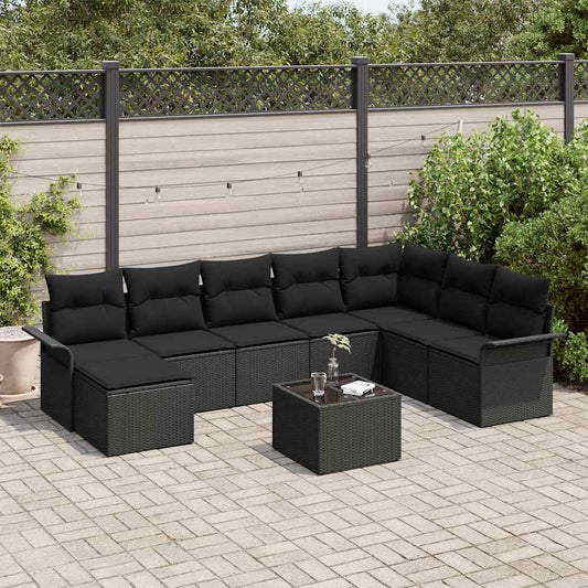 Set Divano da Giardino con cuscino 9 pcs Nero Poly Rattan - homemem39