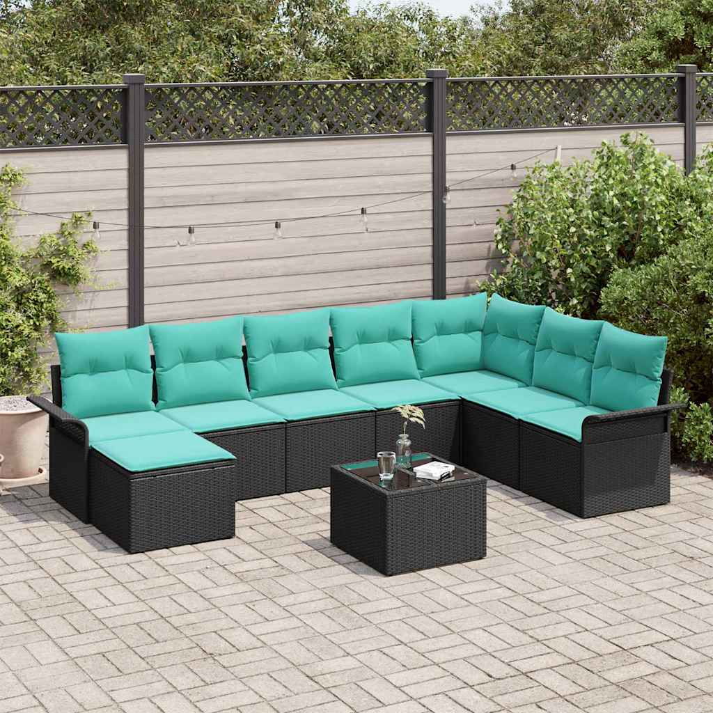 Set Divano da Giardino con cuscino 9 pcs Nero polyrattan | homemem39