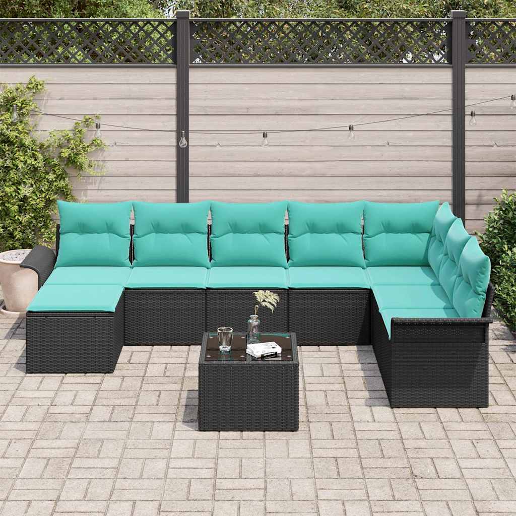 Set Divano da Giardino con cuscino 9 pcs Nero polyrattan | homemem39