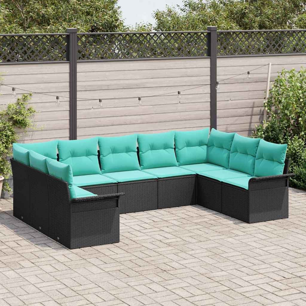 Set Divano da Giardino con cuscino 9 pcs Nero polyrattan | homemem39