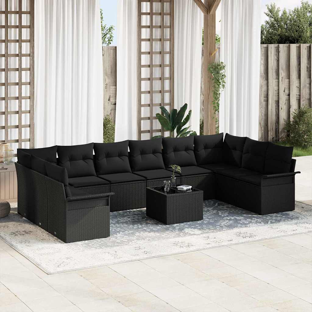 Set Divano da Giardino con cuscino 11 pcs Nero Poly Rattan - homemem39