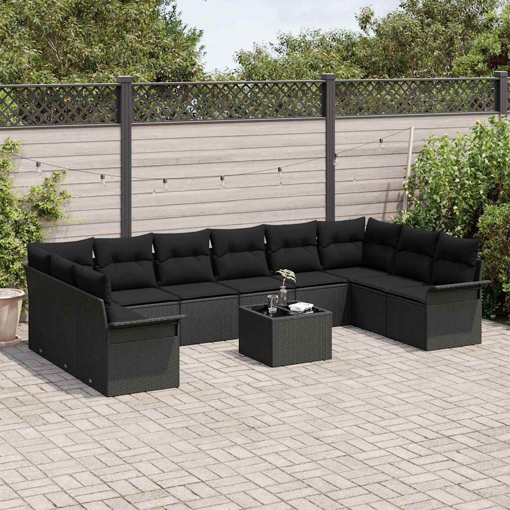 Set Divano da Giardino con cuscino 11 pcs Nero Poly Rattan - homemem39
