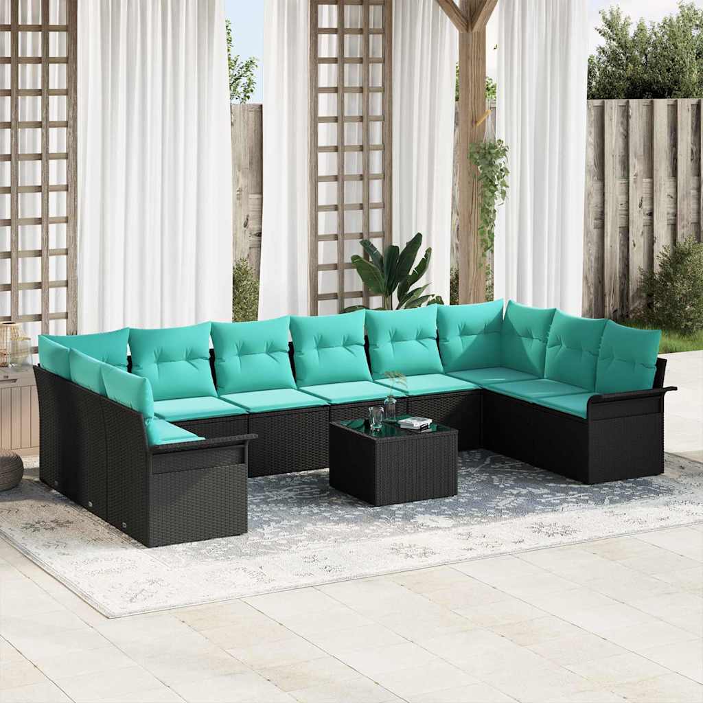 Set Divano da Giardino con cuscino 11 pcs Nero Poly Rattan | homemem39