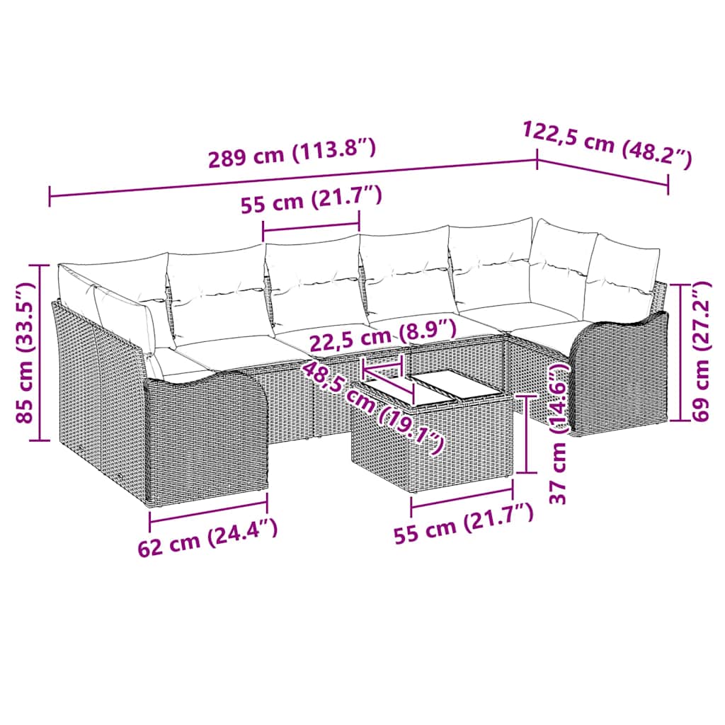 Set Divano da Giardino 8 pcs Grigio 55 x 55 x 37 cm Poly Rattan