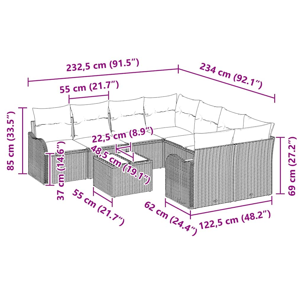 Set Divano da Giardino 9 pcs Nero 55 x 55 x 37 cm Poly Rattan