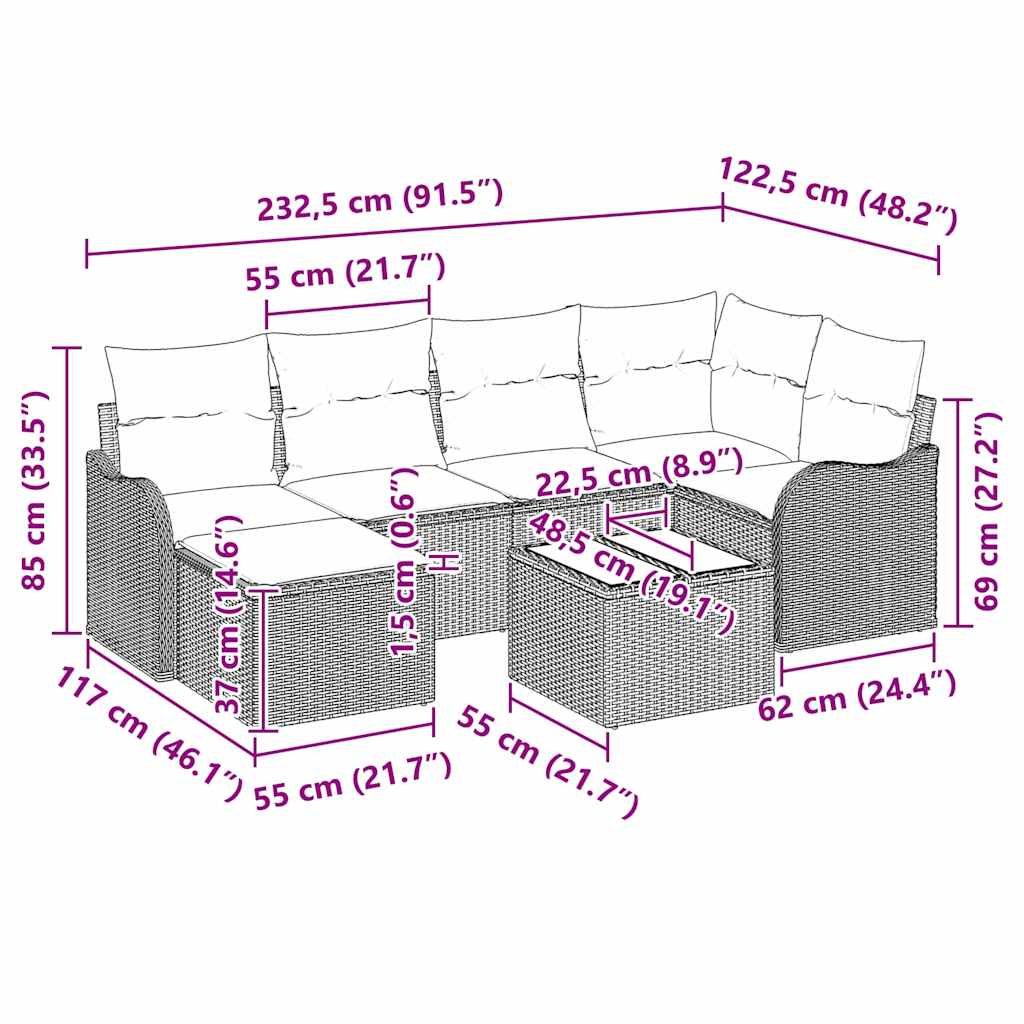 Set Divano da Giardino con cuscino 7 pcs Marrone Poly Rattan | homemem39