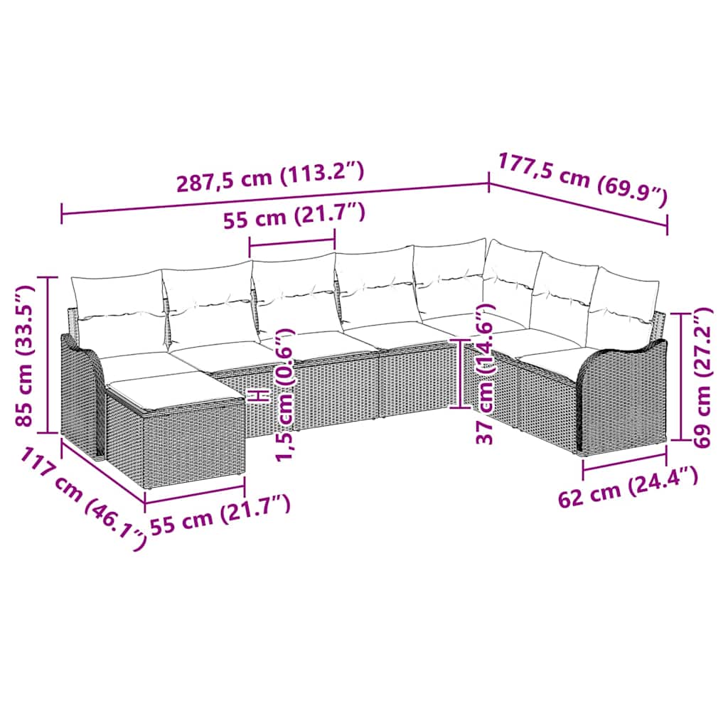 Set Divano da Giardino con cuscino 8 pcs Marrone Poly Rattan | homemem39