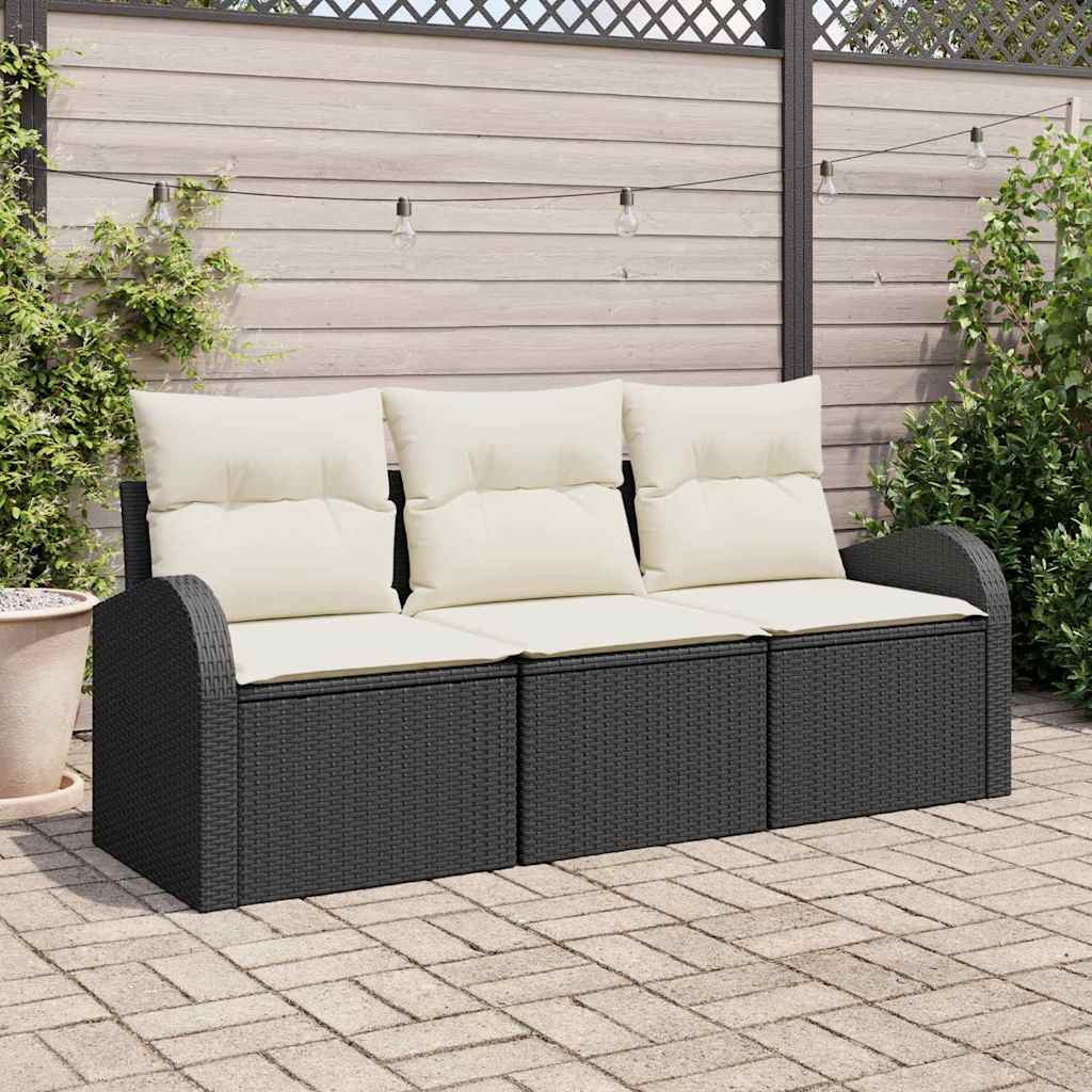 Set Divano da Giardino con cuscino 3 pcs Nero Poly Rattan | homemem39