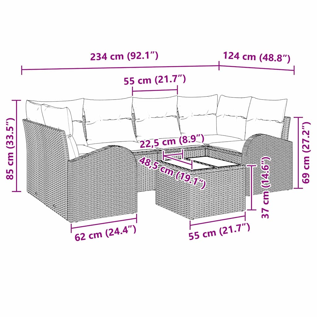 Set Divano da Giardino 7 pcs Nero 55 x 55 x 37 cm Poly Rattan