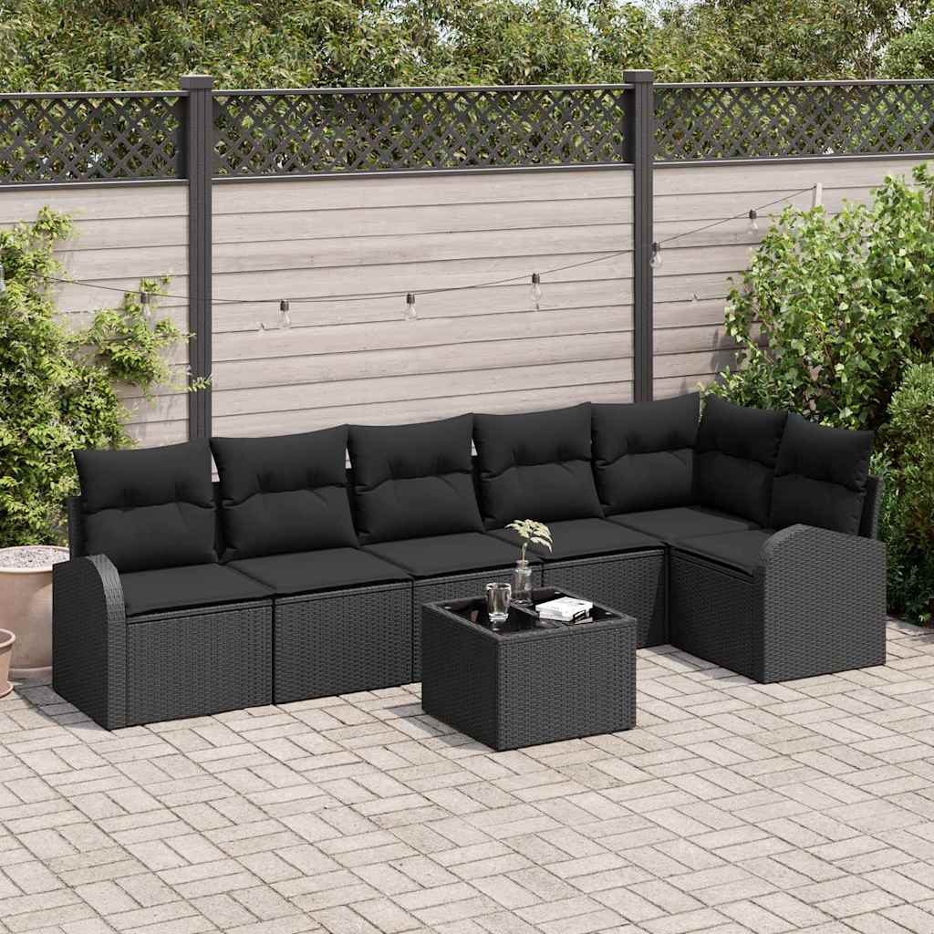 Set Divano da Giardino con cuscino 7 pcs Nero Poly Rattan | homemem39