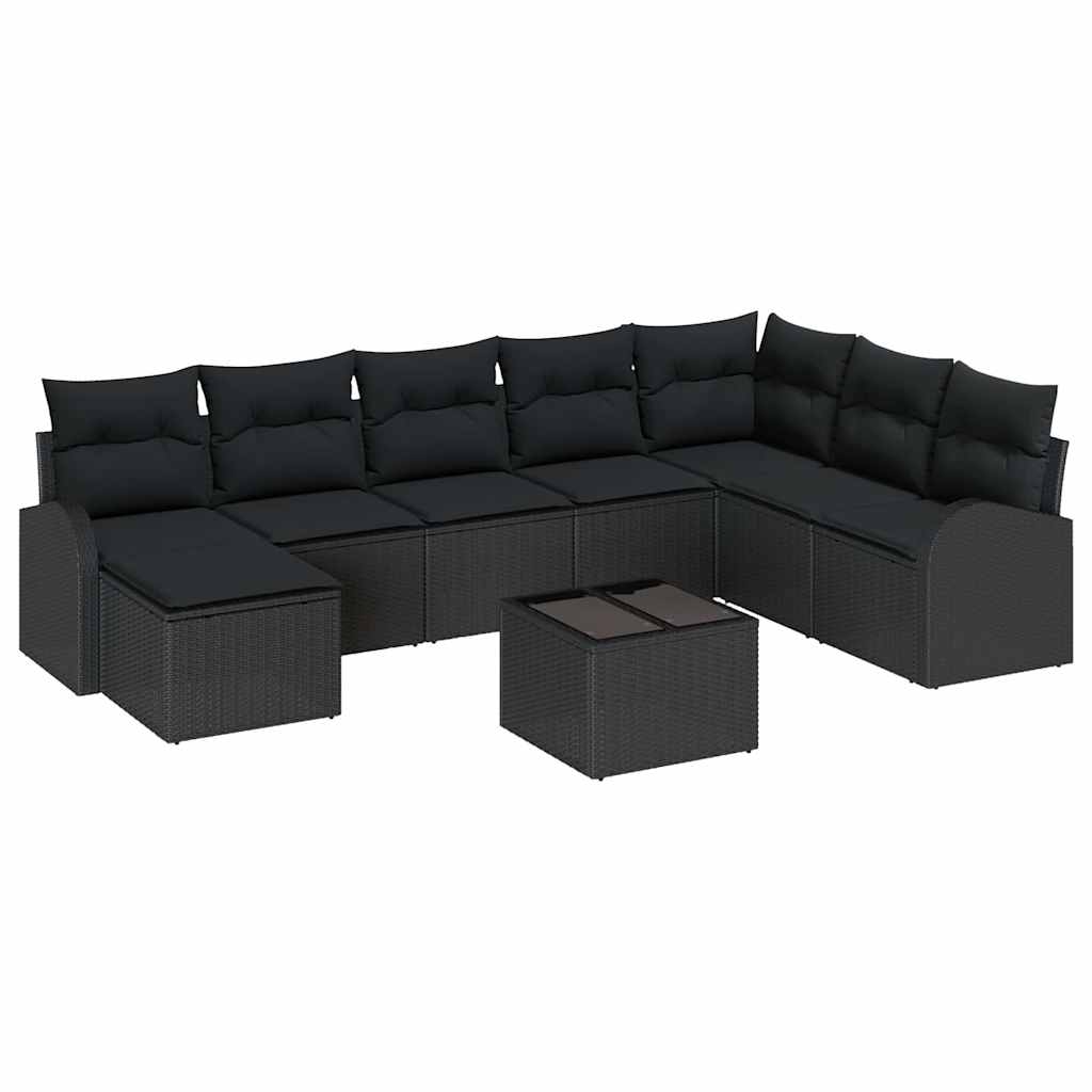 Set Divano da Giardino con cuscino 9 pcs Nero Poly Rattan | homemem39