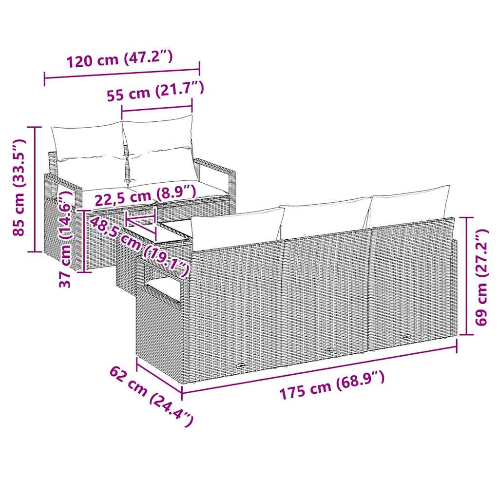 Set Divano da Giardino 6 pcs Beige e grigio 55 x 55 x 37 cm