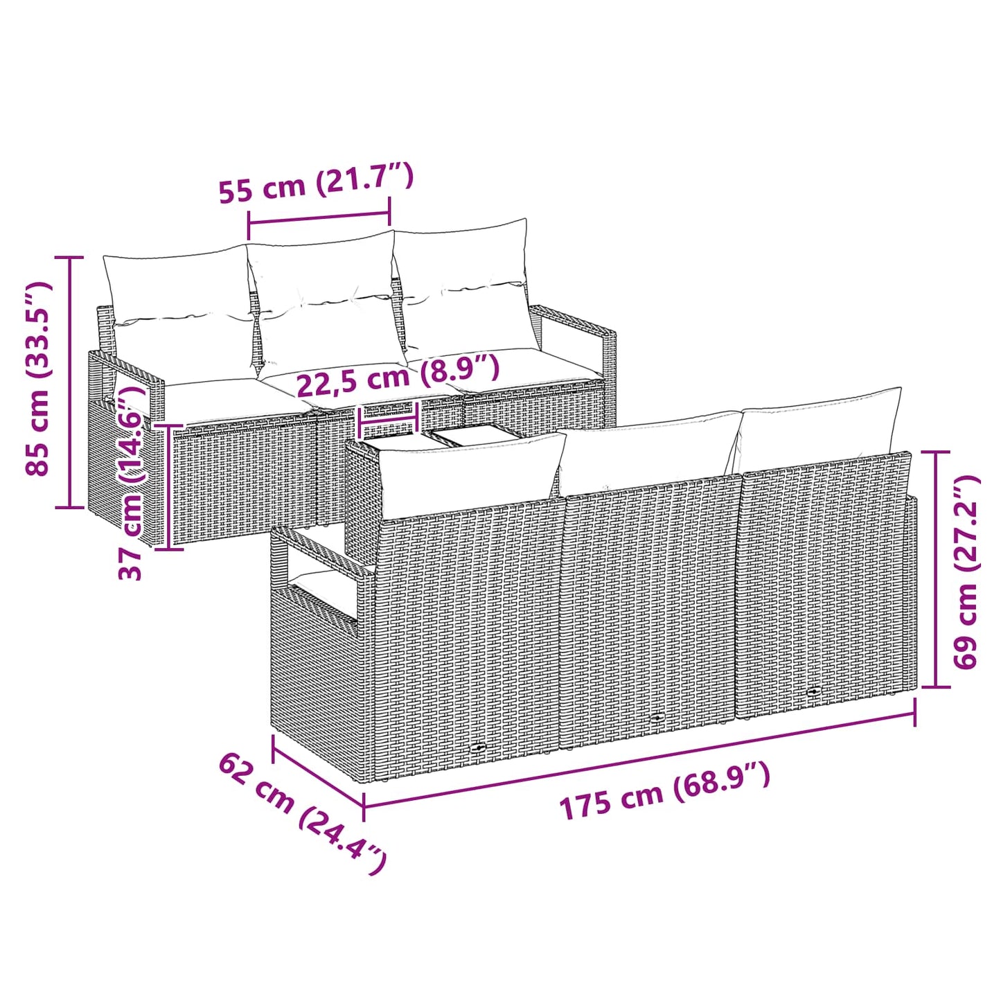 Set di divani con cuscino 7 pcs Marrone e Rosso polyrattan | homemem39